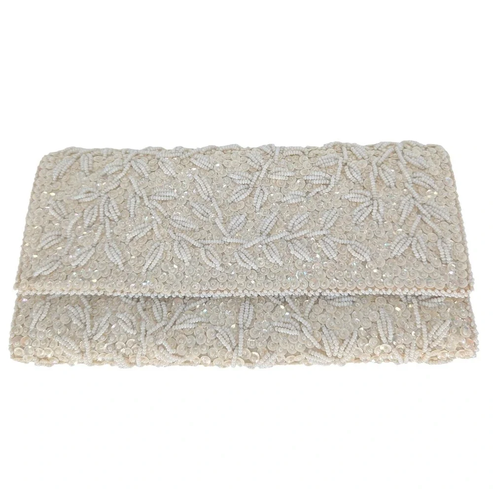 VTG Clutch Bag OS Cream Beaded Sequin Floral Leaf Evening Cocktail Bridal Retro